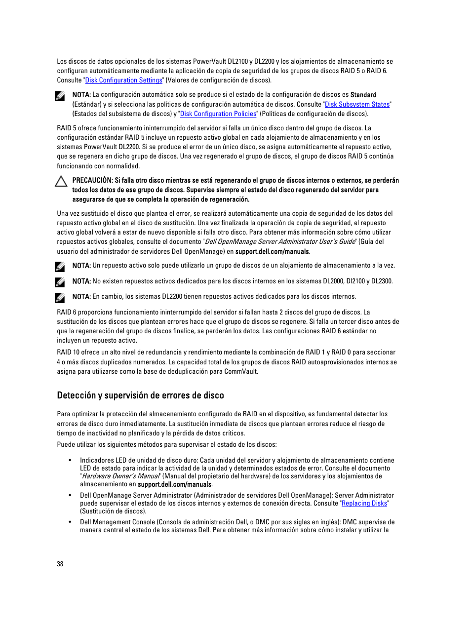 Detección y supervisión de errores de disco | Dell PowerVault DL2200 CommVault User Manual | Page 38 / 65