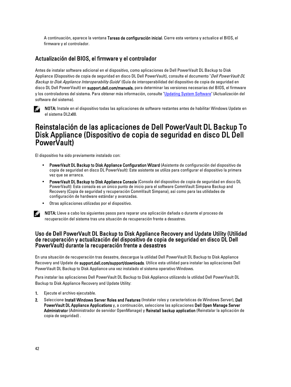 Seguridad en disco dl dell powervault), Updating bios firmware and driver, Consulte | Recovery | Dell PowerVault DL2200 CommVault User Manual | Page 42 / 65