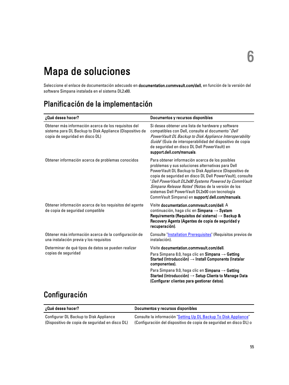 Mapa de soluciones, Planificación de la implementación, Configuración | Capítulo 6: mapa de soluciones | Dell PowerVault DL2200 CommVault User Manual | Page 55 / 65