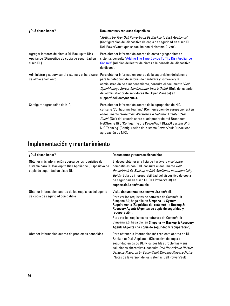 Implementación y mantenimiento | Dell PowerVault DL2200 CommVault User Manual | Page 56 / 65