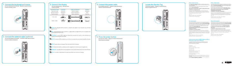 Connect the keyboard and mouse, Connect the power cable, Connect the display | Locate the service tag, 14 press the power button, Connect the network cable (optional), Connection type, Computer, Cable and adapter, Display | Dell Alienware X51 R2 (Early 2013) User Manual | Page 2 / 2