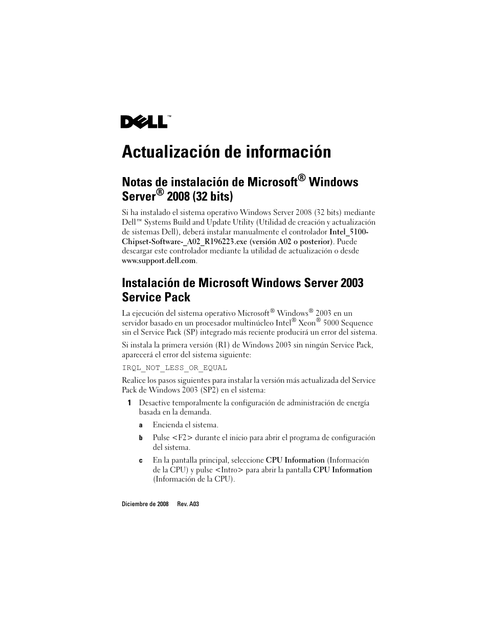 Actualización de información, Notas de instalación de microsoft, Windows server | Dell PowerEdge T300 User Manual | Page 16 / 18