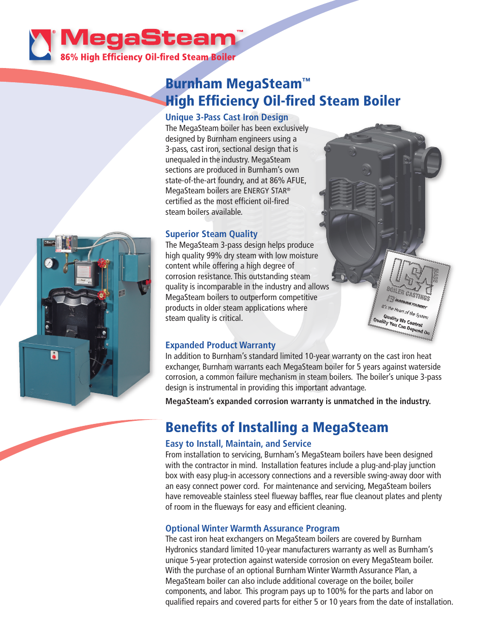 Burnham megasteam, High efficiency oil-fired steam boiler, Benefits of installing a megasteam | Burnham MST288 User Manual | Page 2 / 4