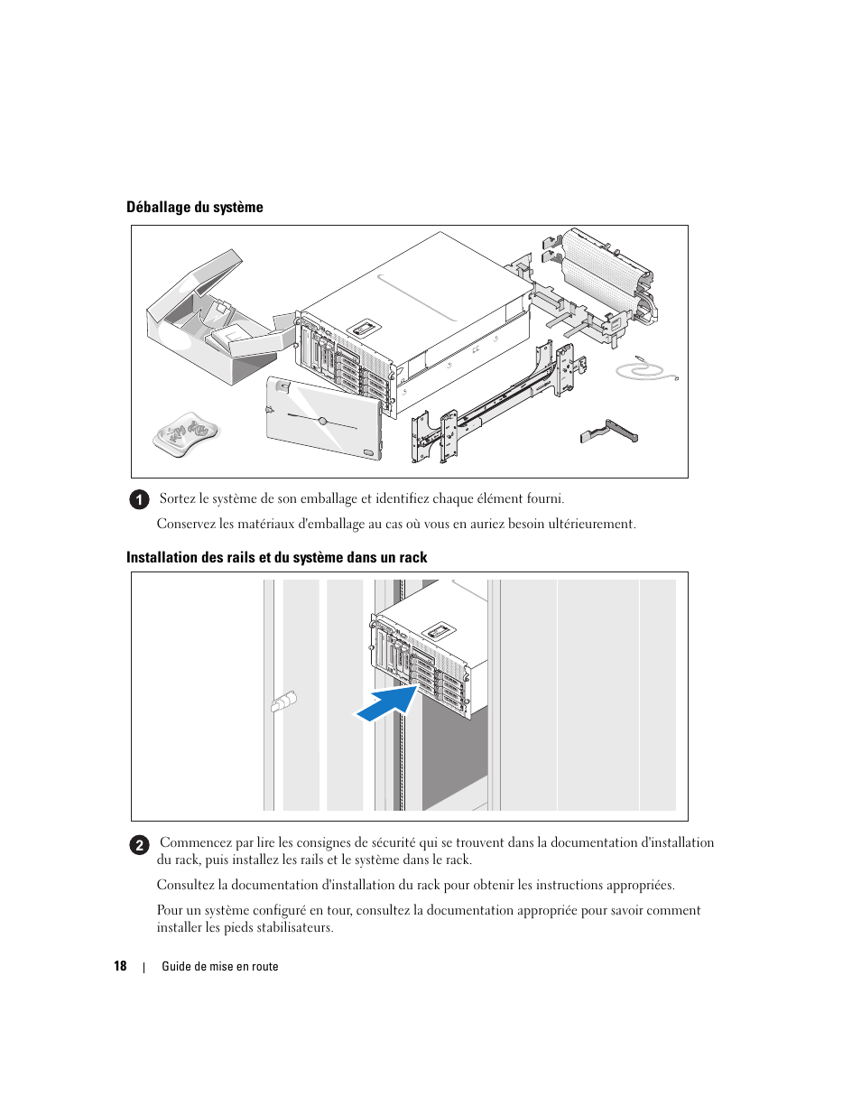 Déballage du système, Installation des rails et du système dans un rack | Dell PowerEdge 2900 User Manual | Page 20 / 50