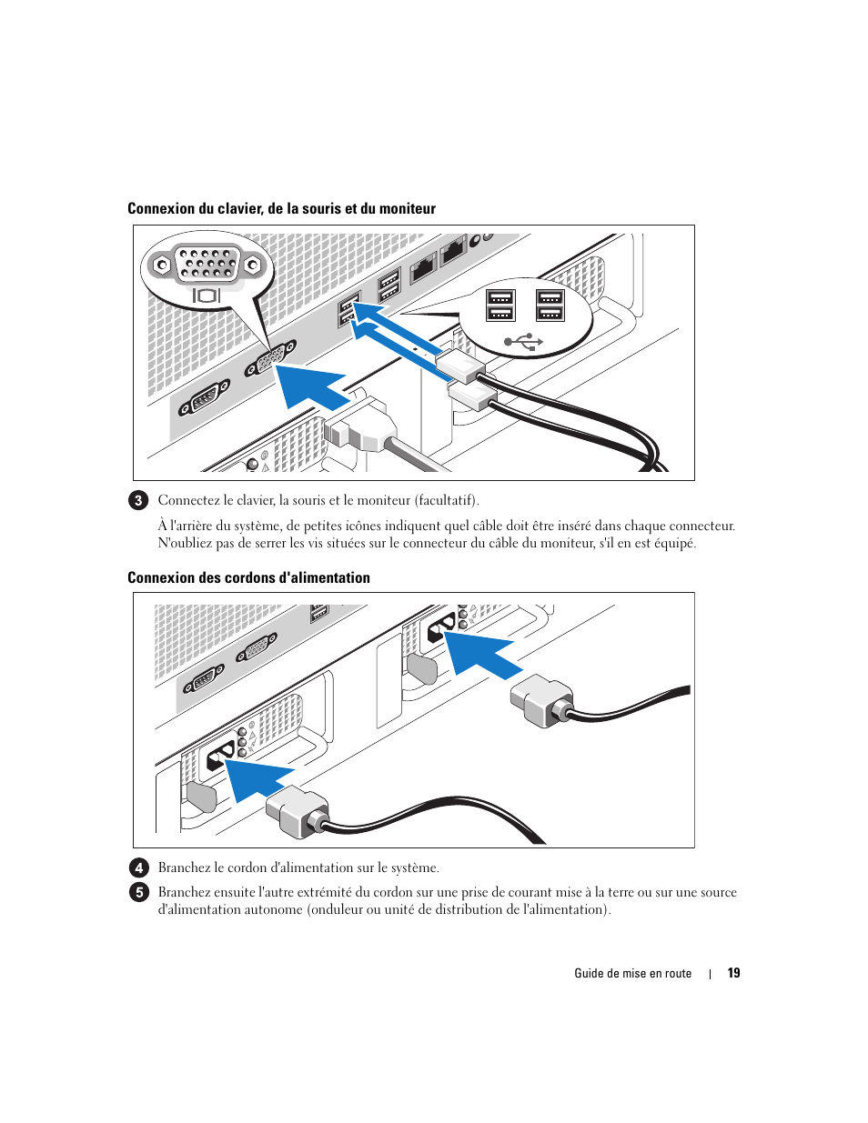 Connexion du clavier, de la souris et du moniteur, Connexion des cordons d'alimentation | Dell PowerEdge 2900 User Manual | Page 21 / 50