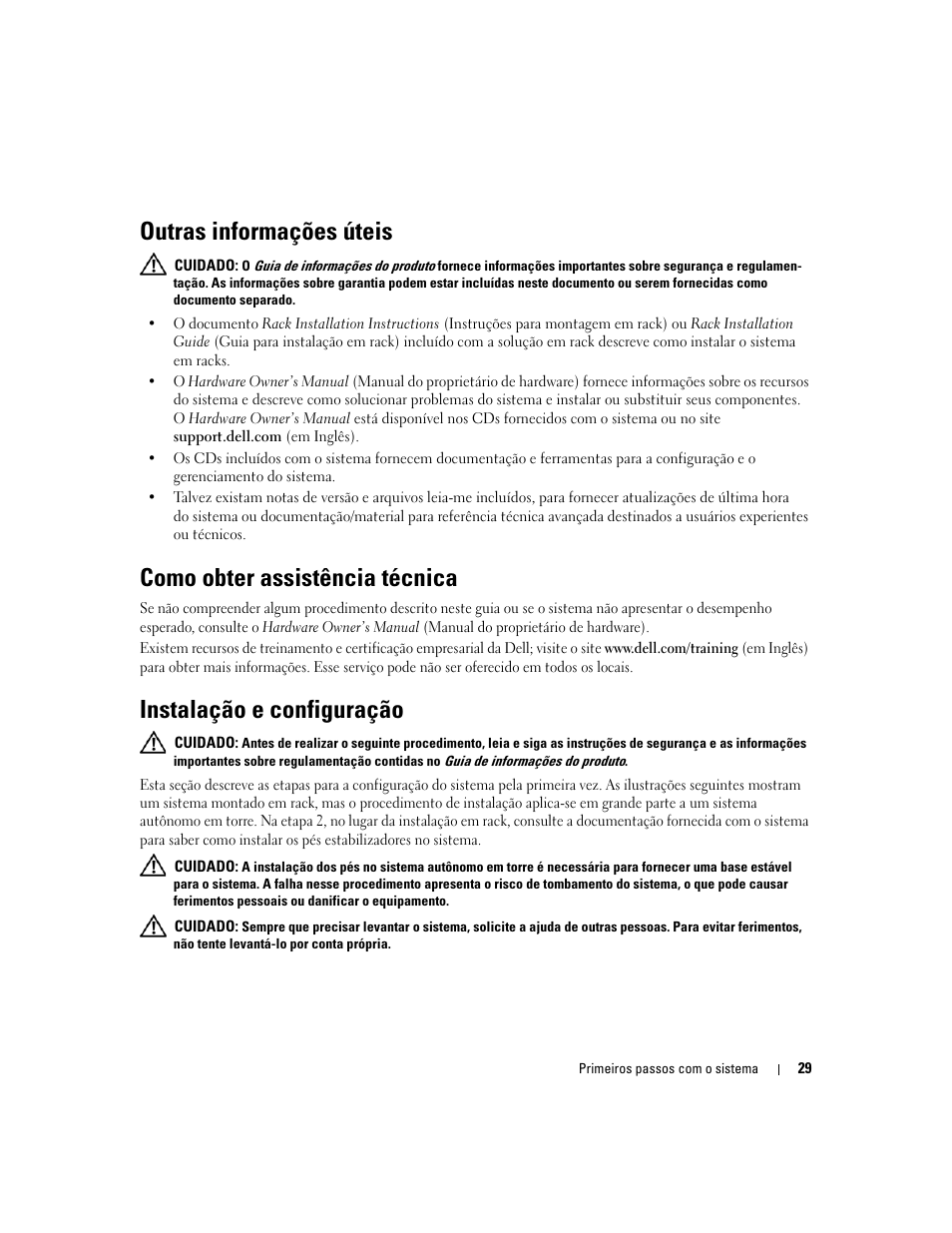 Outras informações úteis, Como obter assistência técnica, Instalação e configuração | Dell PowerEdge 2900 User Manual | Page 31 / 50