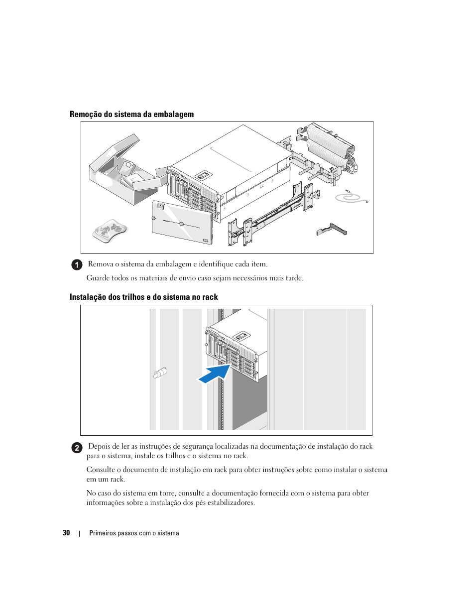 Remoção do sistema da embalagem, Instalação dos trilhos e do sistema no rack | Dell PowerEdge 2900 User Manual | Page 32 / 50