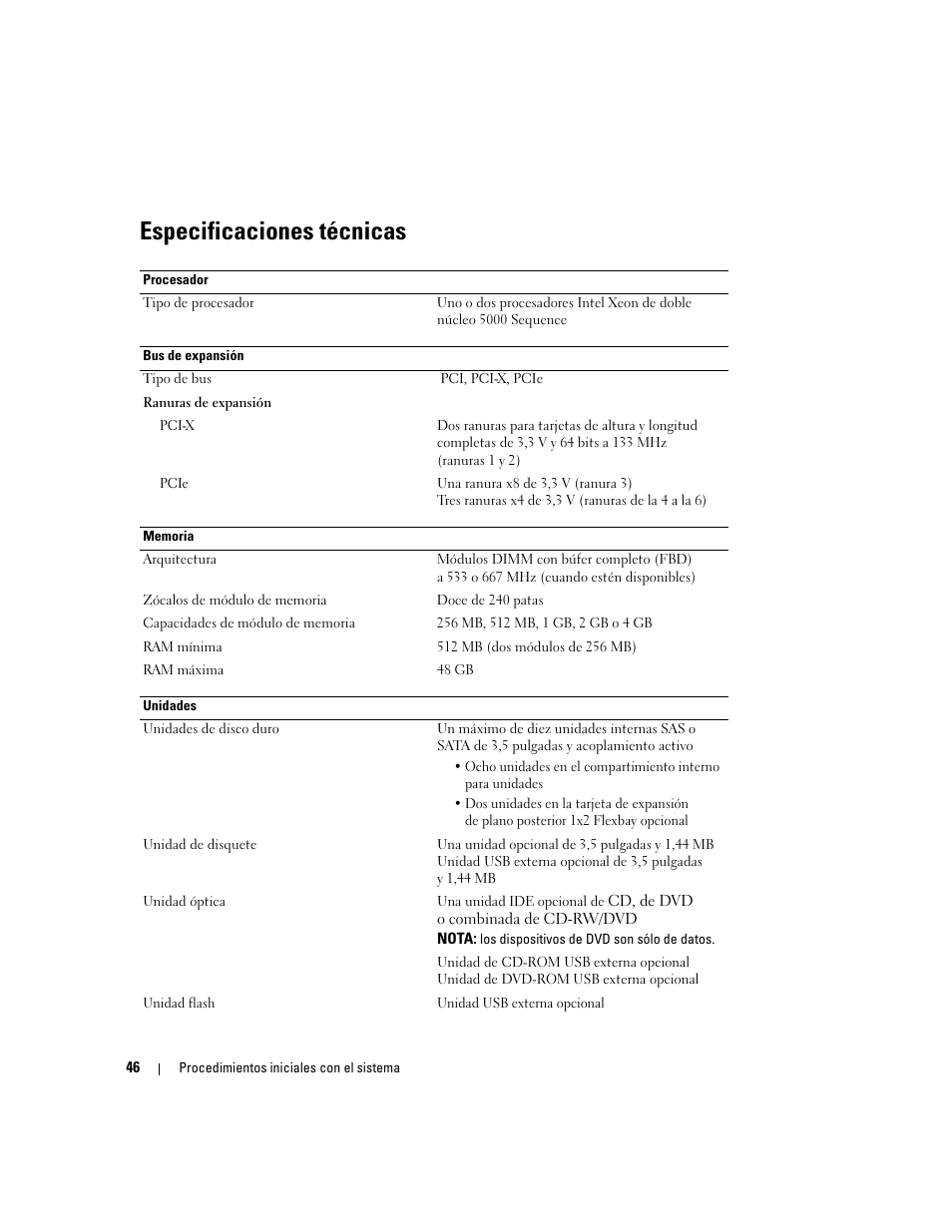 Especificaciones técnicas | Dell PowerEdge 2900 User Manual | Page 48 / 50