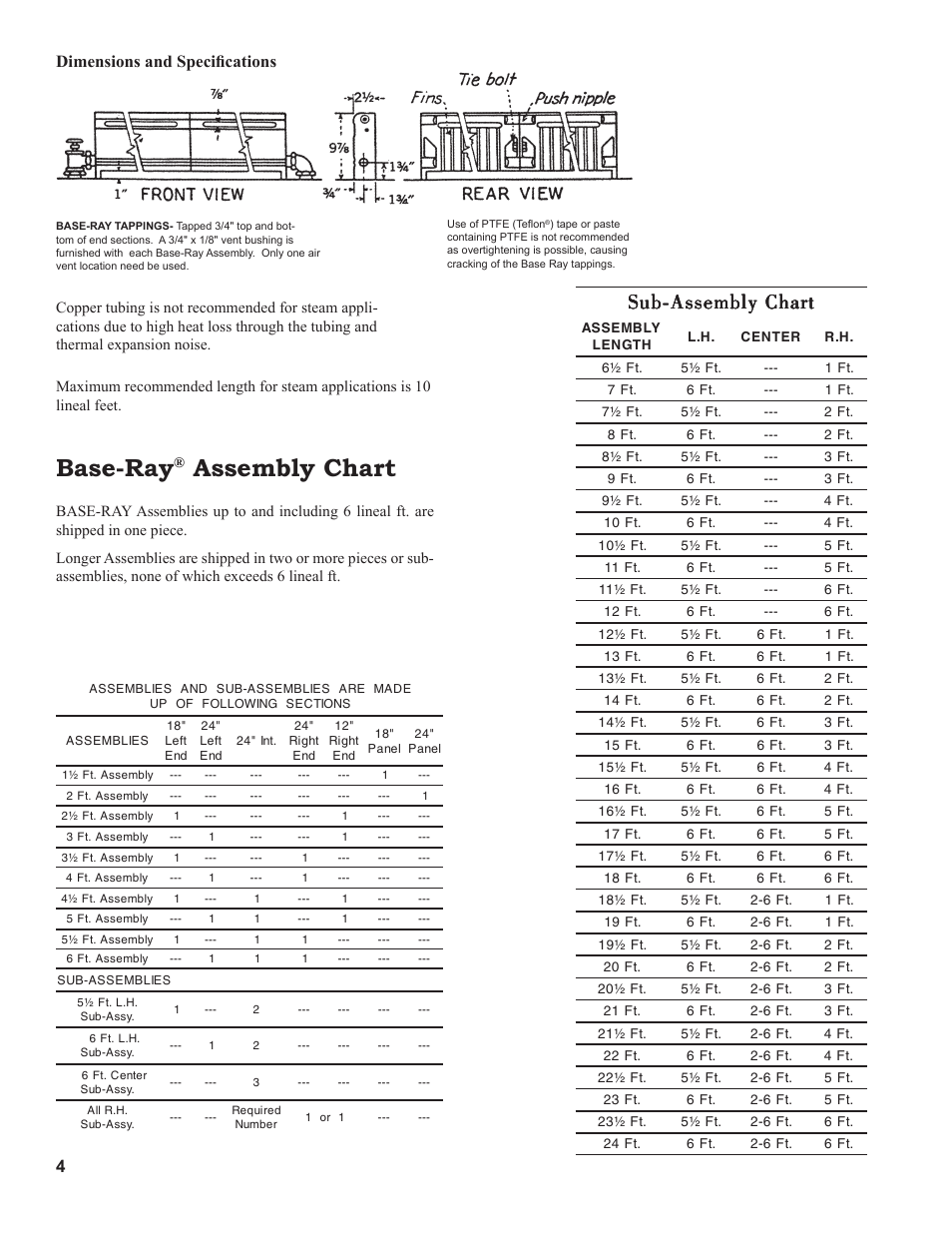 Base-ray, Assembly chart, 4dimensions and speci¿ cations | Burnham BASE-RAY 81441001R8-3/06 User Manual | Page 4 / 16