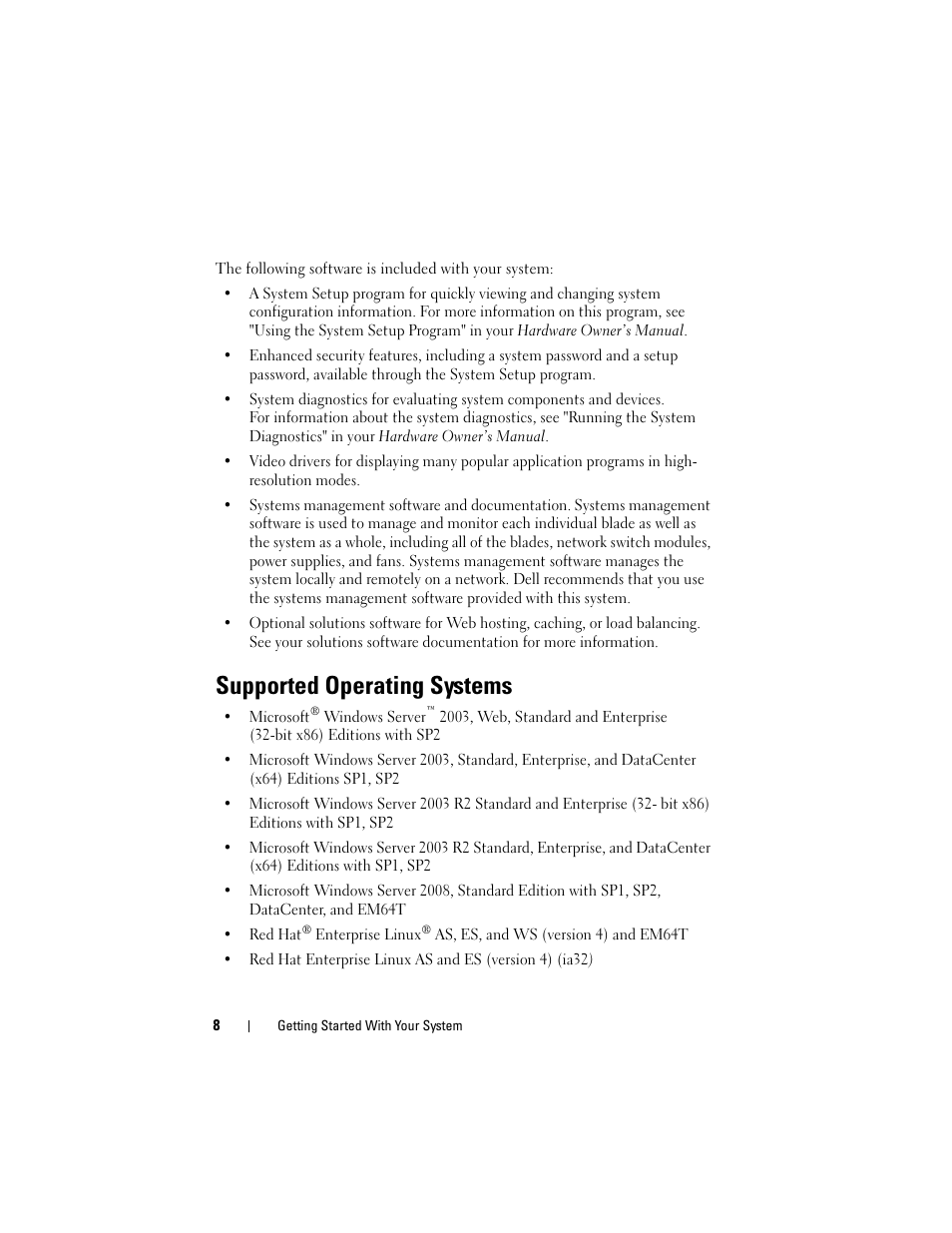 Supported operating systems | Dell PowerEdge M805 User Manual | Page 10 / 90