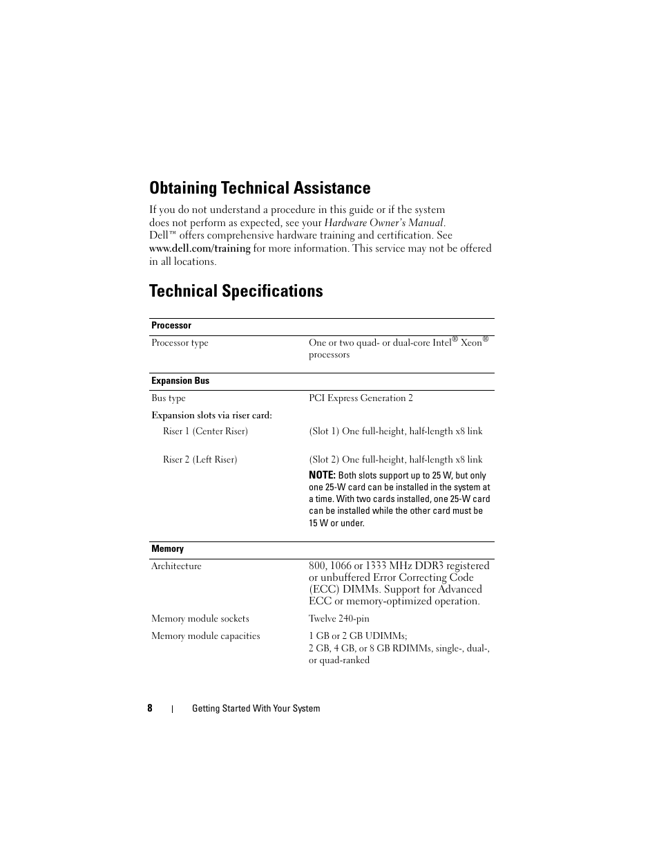 Obtaining technical assistance, Technical specifications | Dell POWEREDGE R610 User Manual | Page 10 / 56