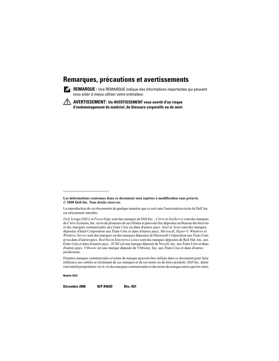 Remarques, précautions et avertissements | Dell POWEREDGE R610 User Manual | Page 16 / 56