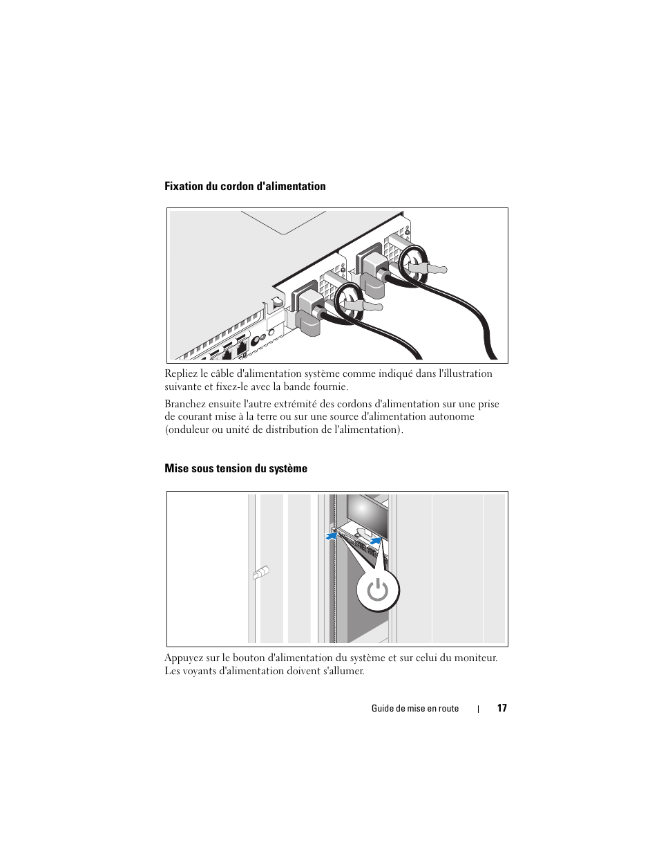 Fixation du cordon d'alimentation, Mise sous tension du système | Dell POWEREDGE R610 User Manual | Page 19 / 56