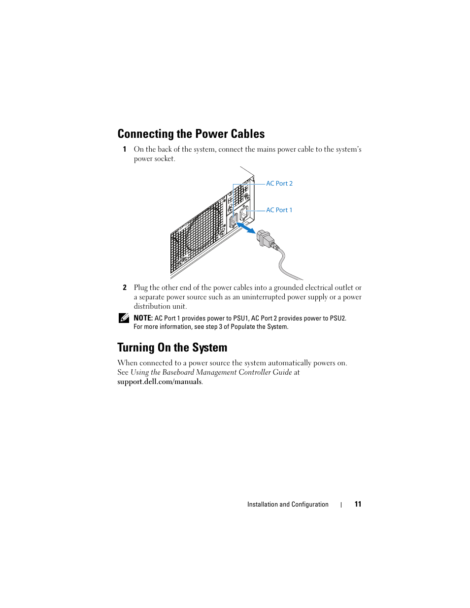 Connecting the power cables, Turning on the system | Dell PowerEdge C5220 User Manual | Page 13 / 70