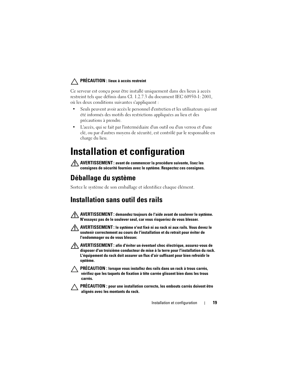 Installation et configuration, Déballage du système, Installation sans outil des rails | Dell PowerEdge C5220 User Manual | Page 21 / 70