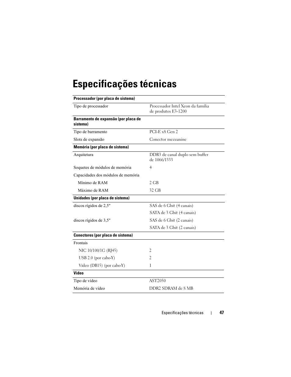 Especificações técnicas | Dell PowerEdge C5220 User Manual | Page 49 / 70