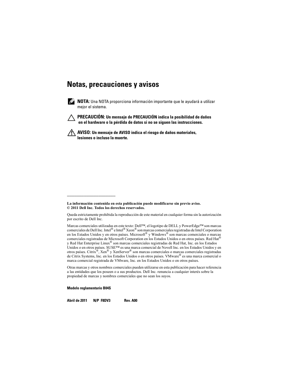 Notas, precauciones y avisos | Dell PowerEdge C5220 User Manual | Page 54 / 70