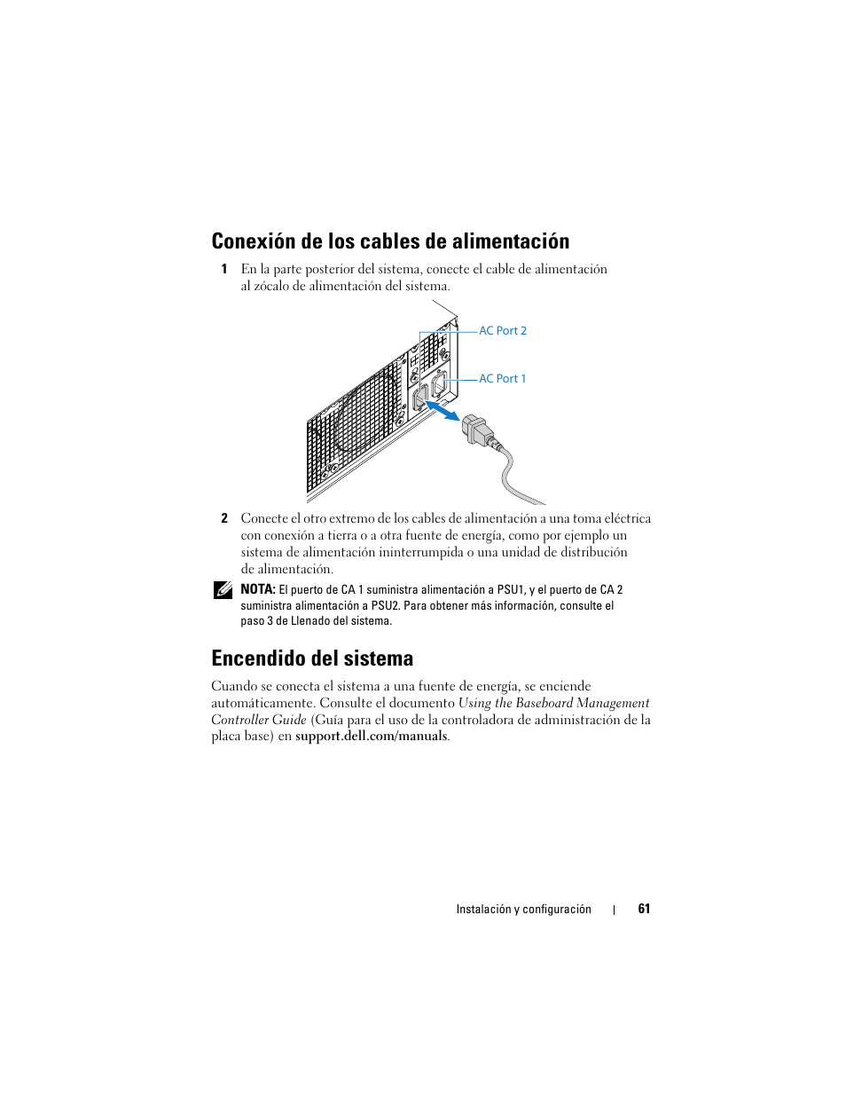 Conexión de los cables de alimentación, Encendido del sistema | Dell PowerEdge C5220 User Manual | Page 63 / 70