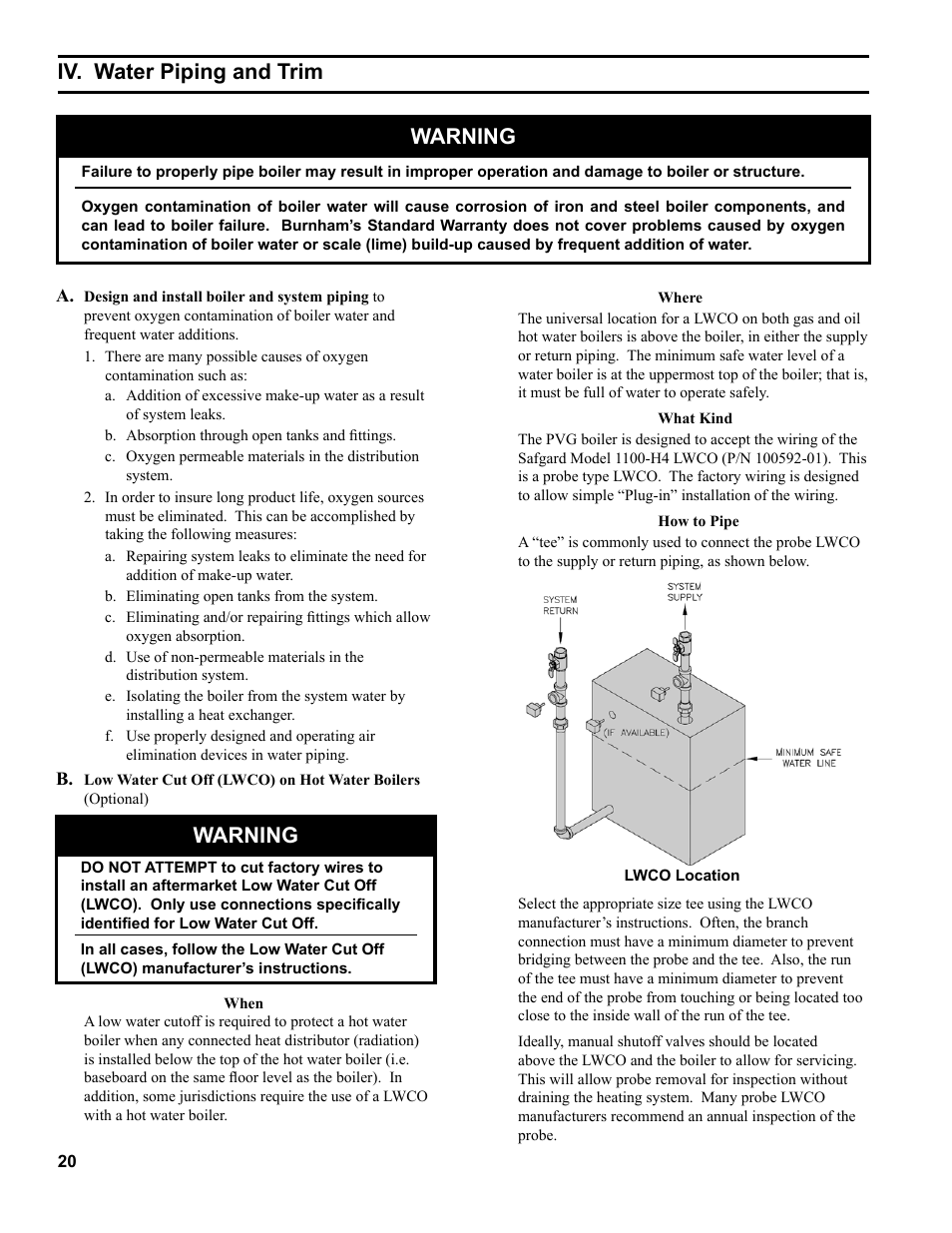 Warning, Iv. water piping and trim | Burnham PVG User Manual | Page 20 / 64