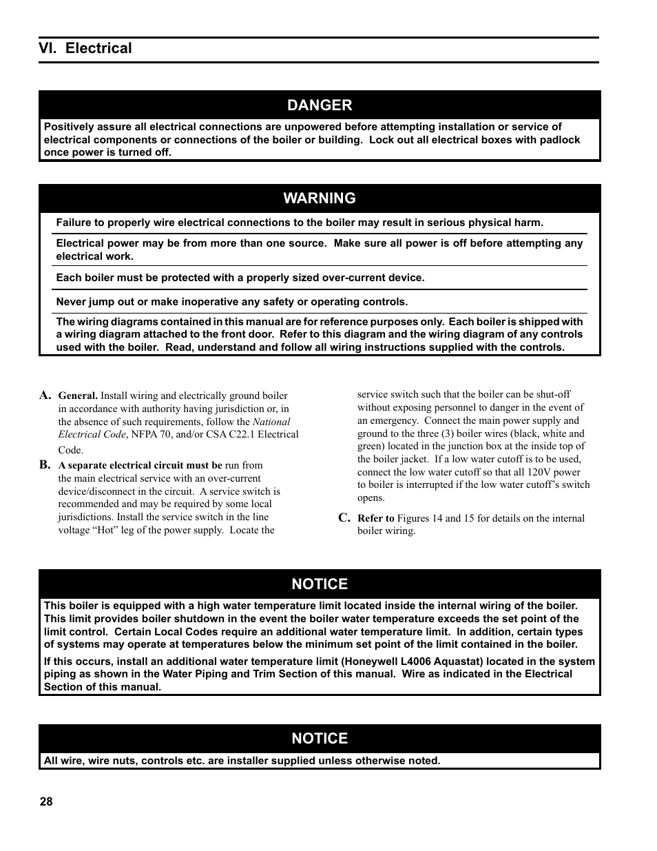 Vi. electrical, Danger, Warning | Notice | Burnham PVG User Manual | Page 28 / 64