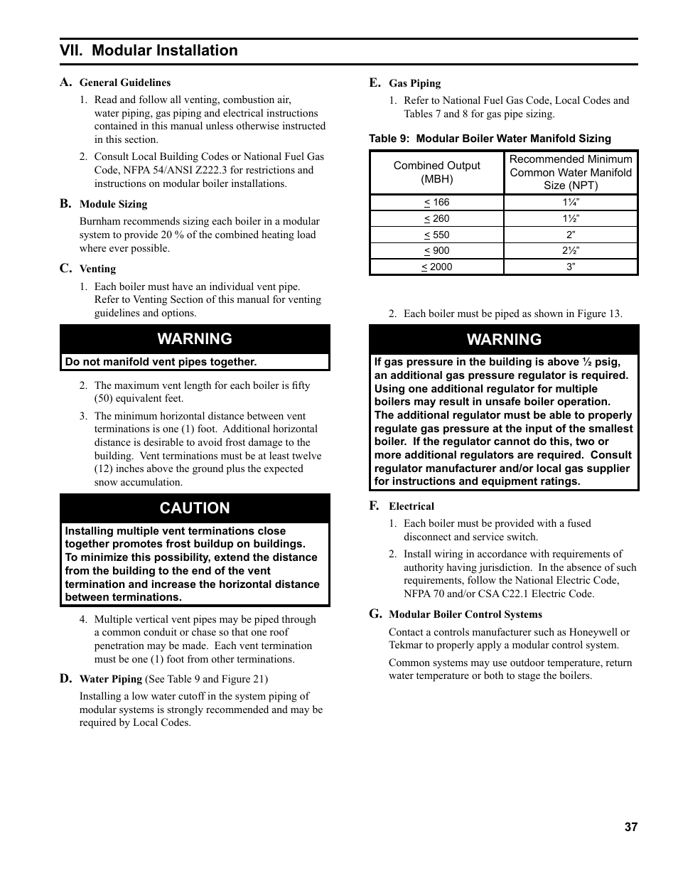 Warning, Caution, Vii. modular installation | Burnham PVG User Manual | Page 37 / 64