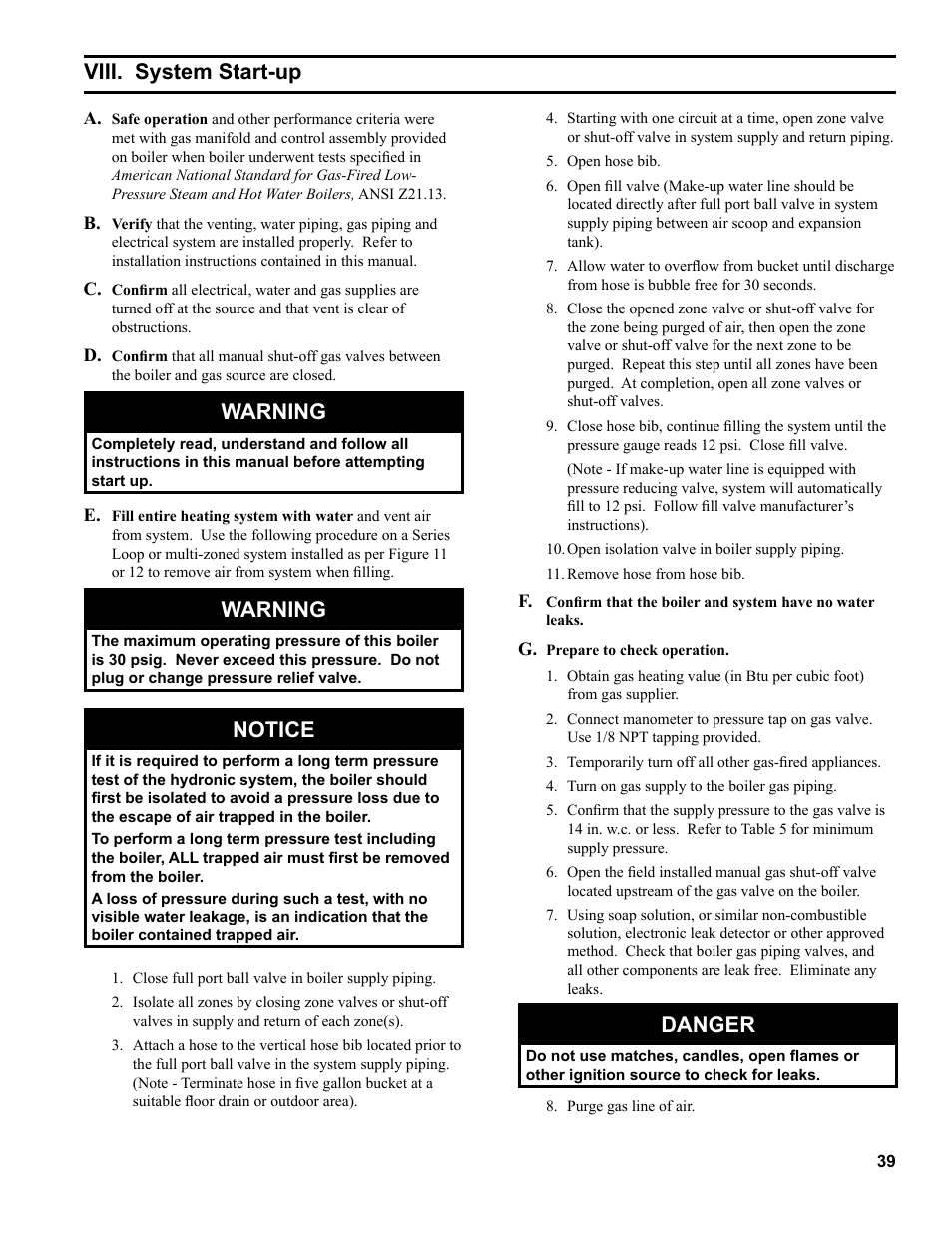 Warning, Notice, Viii. system start-up | Danger | Burnham PVG User Manual | Page 39 / 64