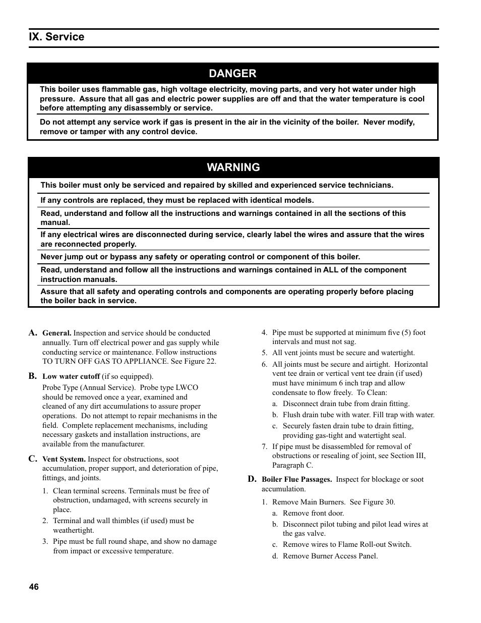 Ix. service, Danger, Warning | Burnham PVG User Manual | Page 46 / 64
