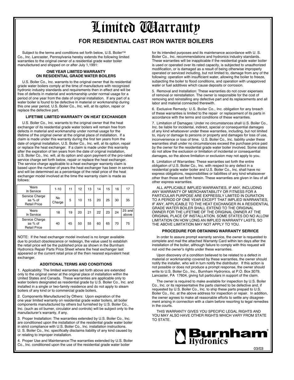 Limited warranty, For residential cast iron water boilers | Burnham PVG User Manual | Page 64 / 64