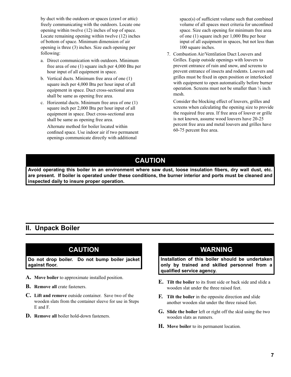 Ii. unpack boiler caution, Warning, Caution | Burnham PVG User Manual | Page 7 / 64