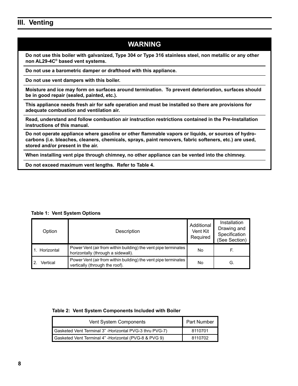 Iii. venting, Warning | Burnham PVG User Manual | Page 8 / 64