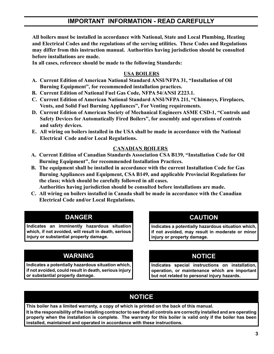 Important information - read carefully, Danger, Warning | Caution, Notice | Burnham V9A User Manual | Page 3 / 64