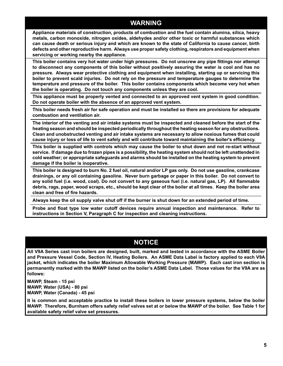 Warning, Notice | Burnham V9A User Manual | Page 5 / 64