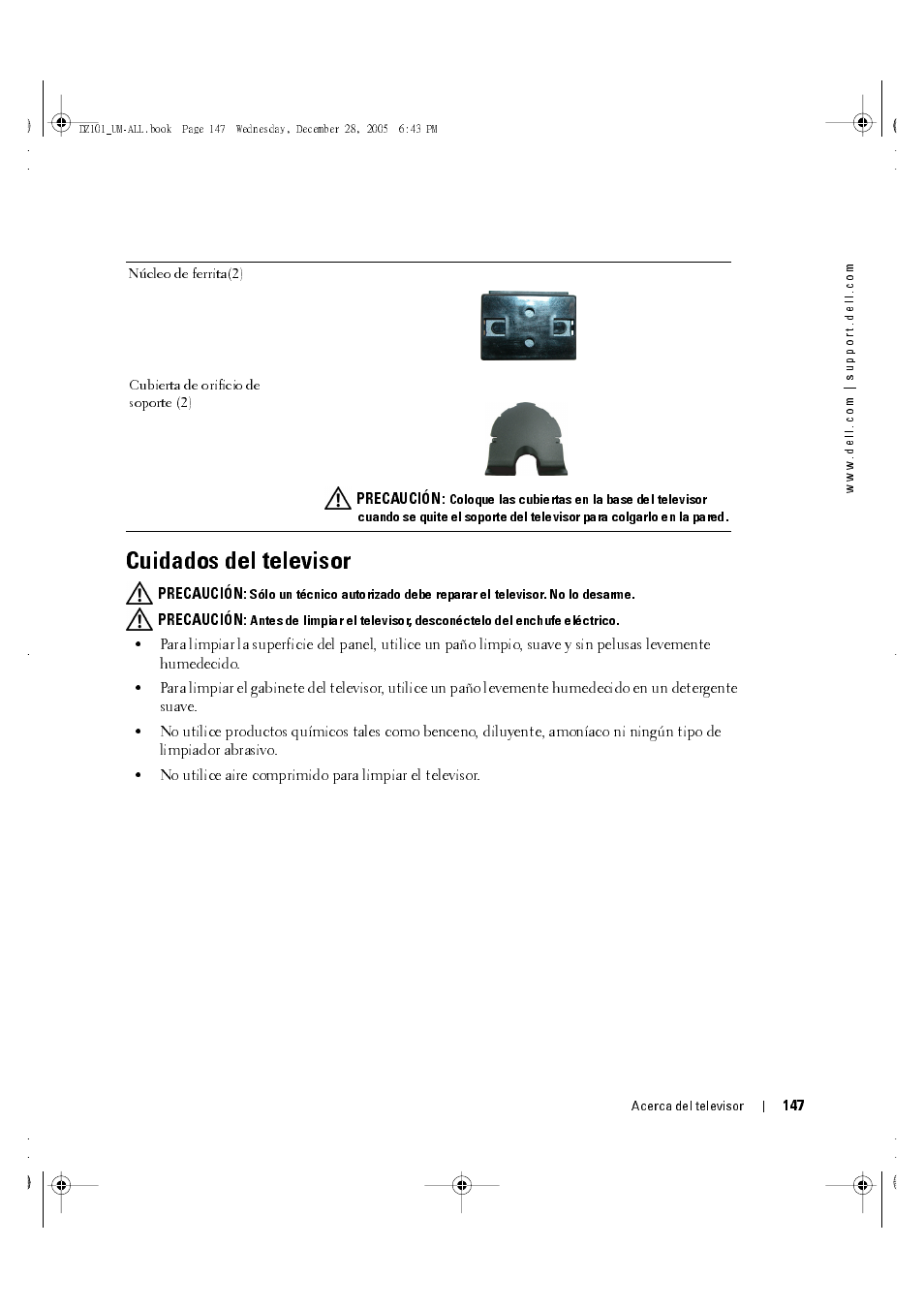 Cuidados del televisor | Dell LCD TV W4201C User Manual | Page 11 / 68