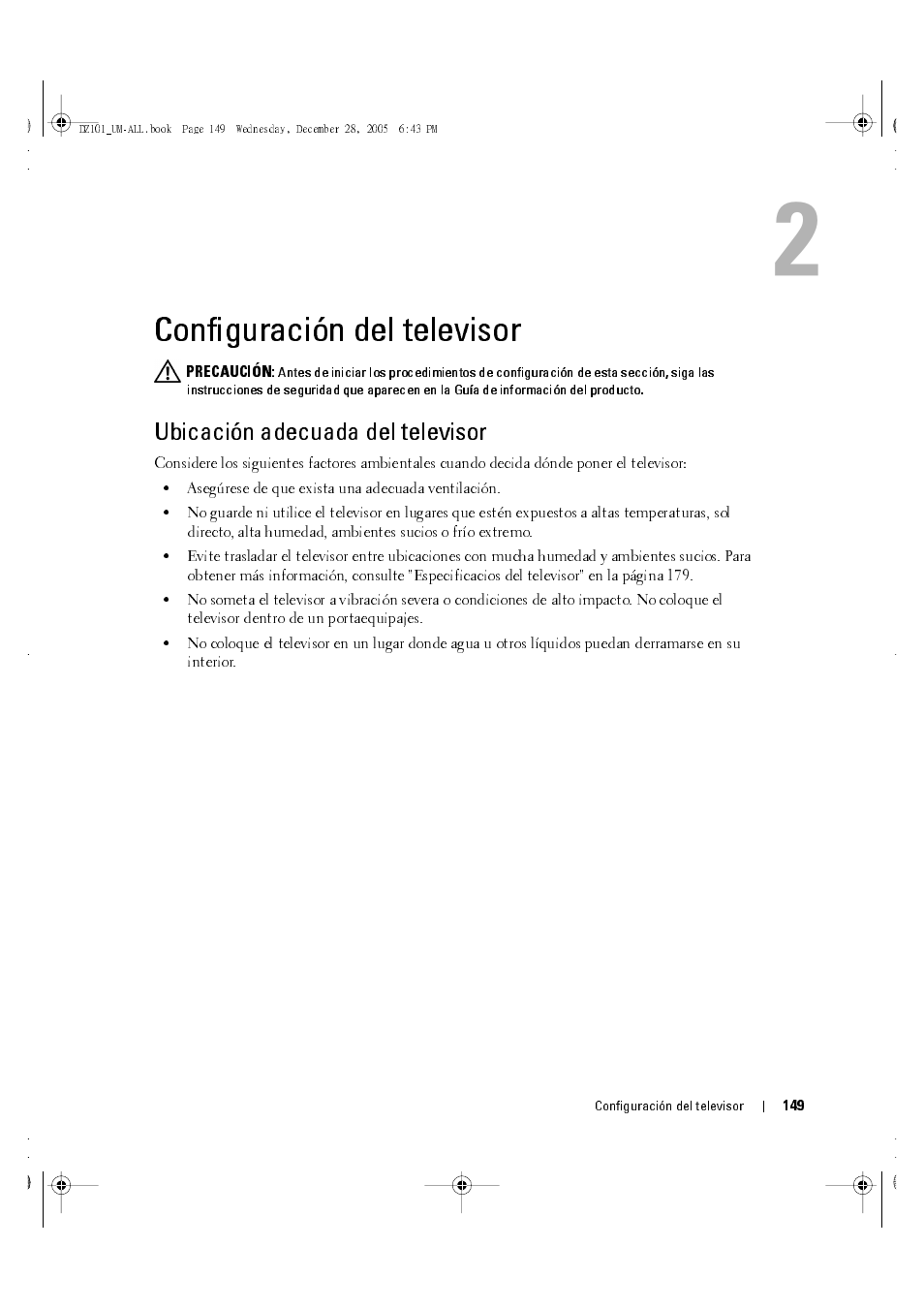 Configuración del televisor, Ubicación adecuada del televisor, 2 configuración del televisor | Dell LCD TV W4201C User Manual | Page 13 / 68