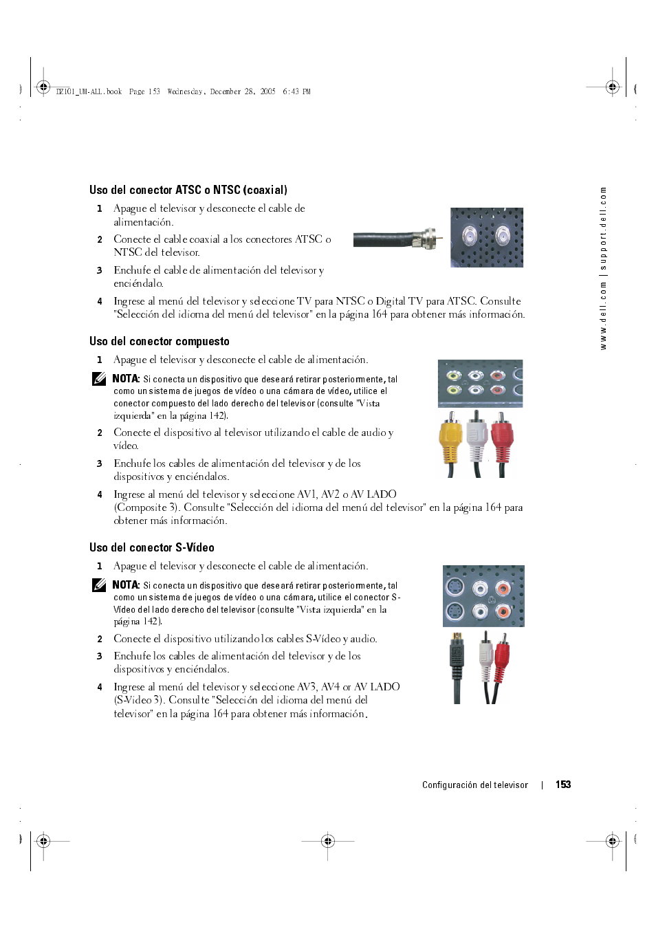 Uso del conector atsc o ntsc (coaxial), Uso del conector compuesto, Uso del conector s-vídeo | Dell LCD TV W4201C User Manual | Page 17 / 68