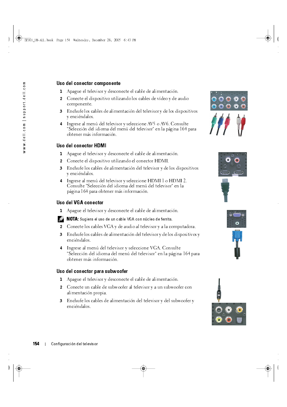 Uso del conector componente, Uso del conector hdmi, Uso del vga conector | Uso del conector para subwoofer, Conecte el dispositivo utilizando el conector hdmi | Dell LCD TV W4201C User Manual | Page 18 / 68
