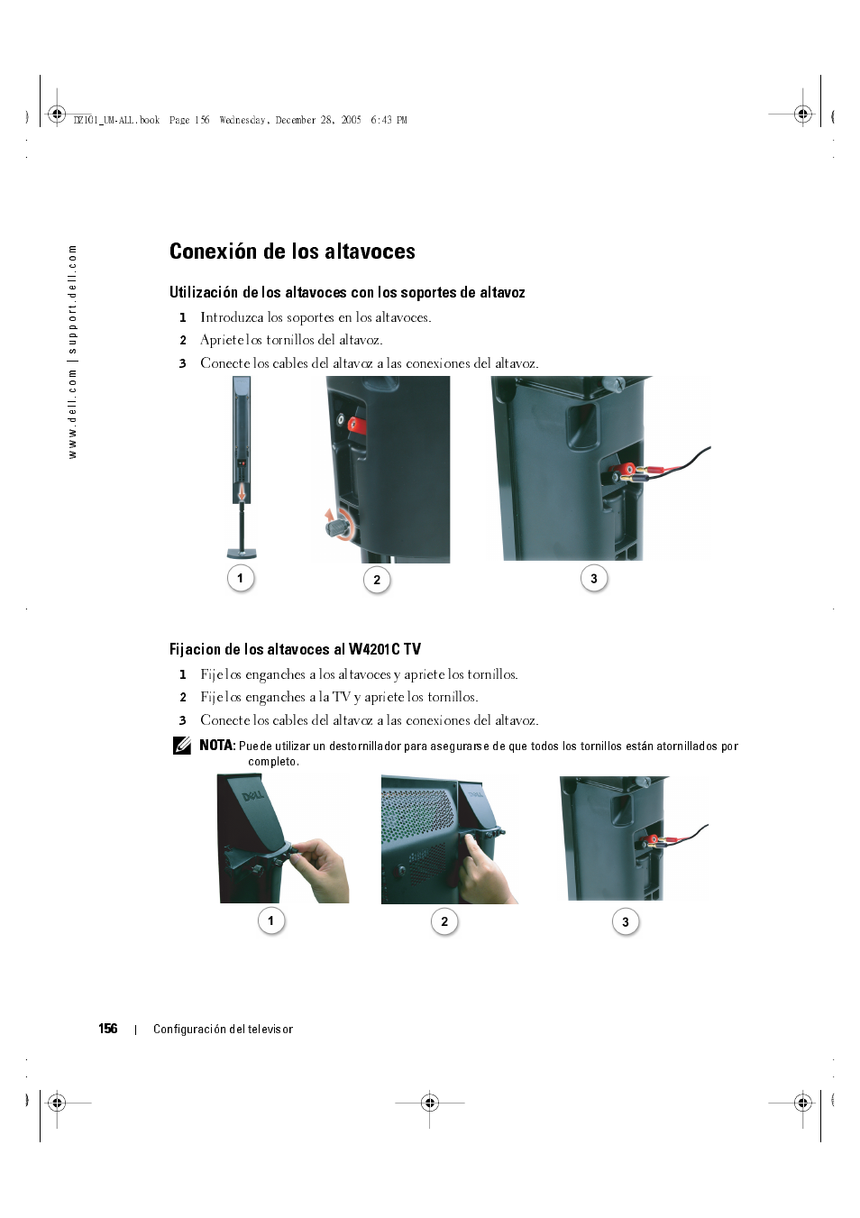 Conexión de los altavoces, Fijacion de los altavoces al w4201c tv | Dell LCD TV W4201C User Manual | Page 20 / 68