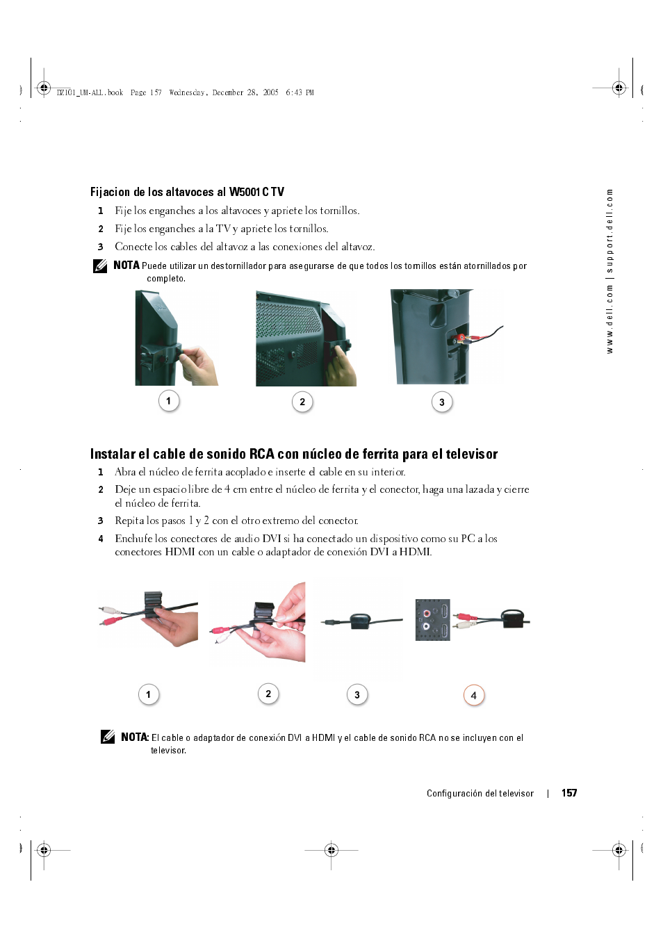 Fijacion de los altavoces al w5001c tv, Fije los enganches a la tv y apriete los tornillos | Dell LCD TV W4201C User Manual | Page 21 / 68