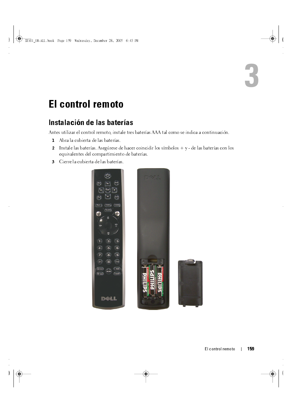 El control remoto, Instalación de las baterías, 3 el control remoto | Dell LCD TV W4201C User Manual | Page 23 / 68