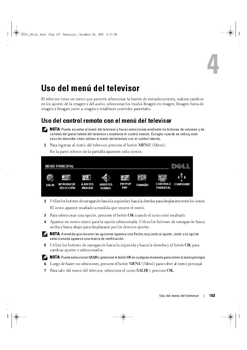 Uso del menú del televisor, Uso del control remoto con el menú del televisor, 4 uso del menú del televisor | Dell LCD TV W4201C User Manual | Page 27 / 68