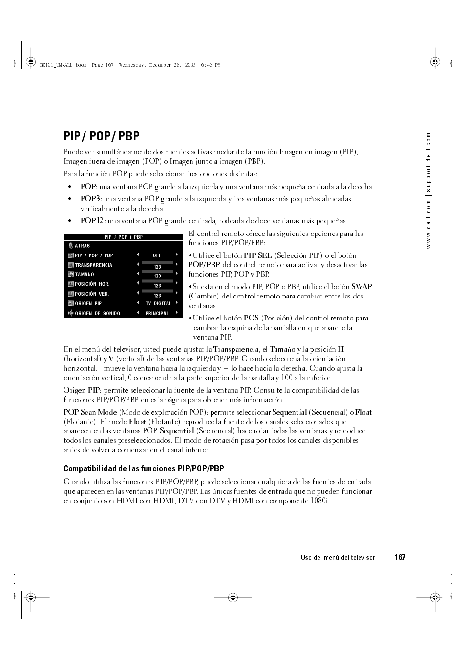 Pip / pop / pbp, Compatibilidad de las funciones pip/pop/pbp, Pip/ pop/ pbp | Dell LCD TV W4201C User Manual | Page 31 / 68