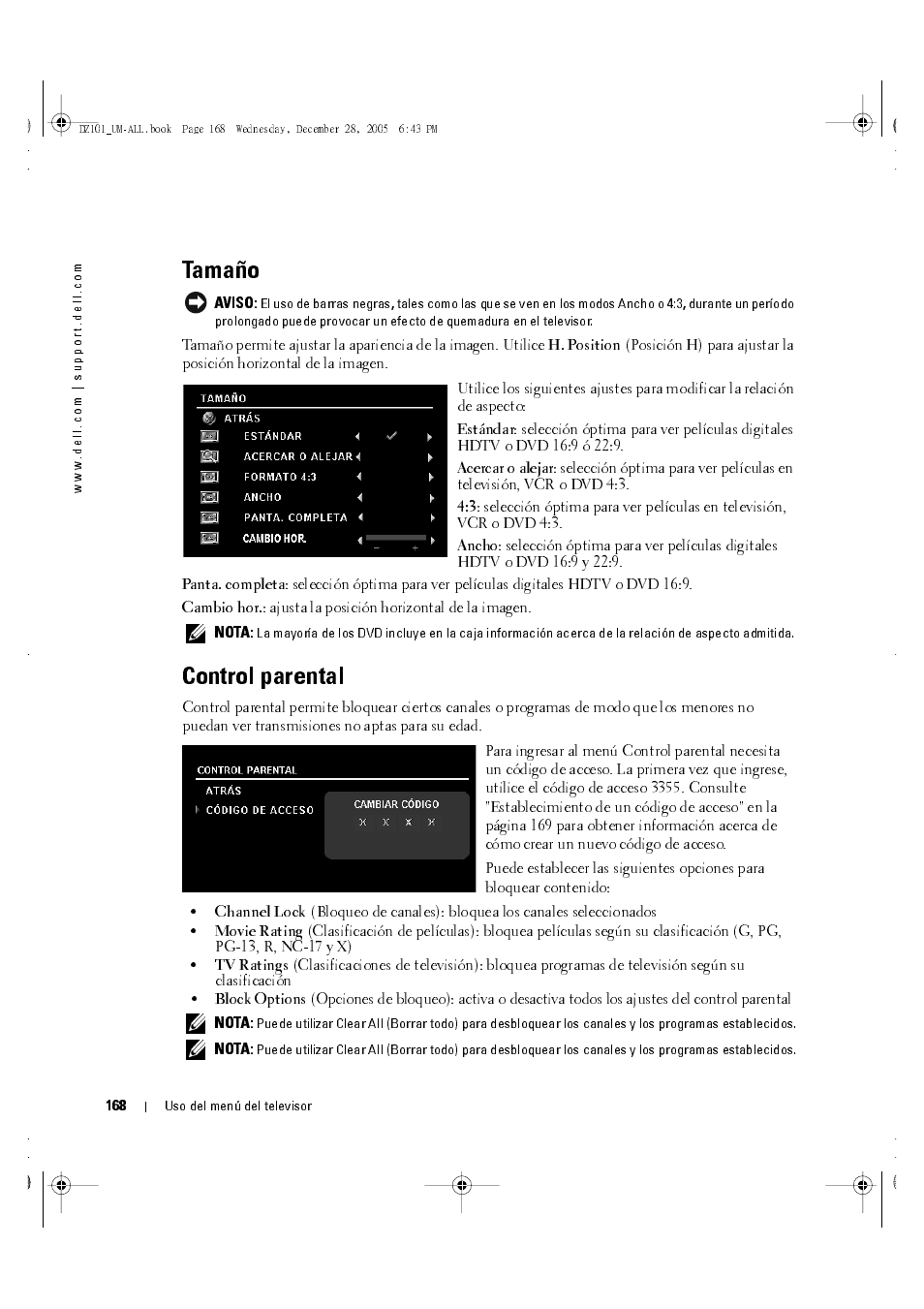Tamaño, Control parental | Dell LCD TV W4201C User Manual | Page 32 / 68