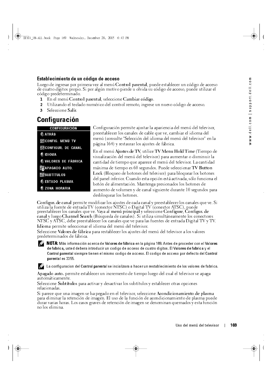 Establecimiento de un código de acceso, Configuración | Dell LCD TV W4201C User Manual | Page 33 / 68