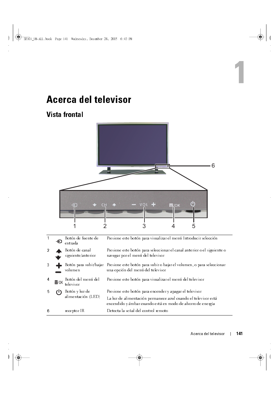 Acerca del televisor, Vista frontal, 1 acerca del televisor | Dell LCD TV W4201C User Manual | Page 5 / 68