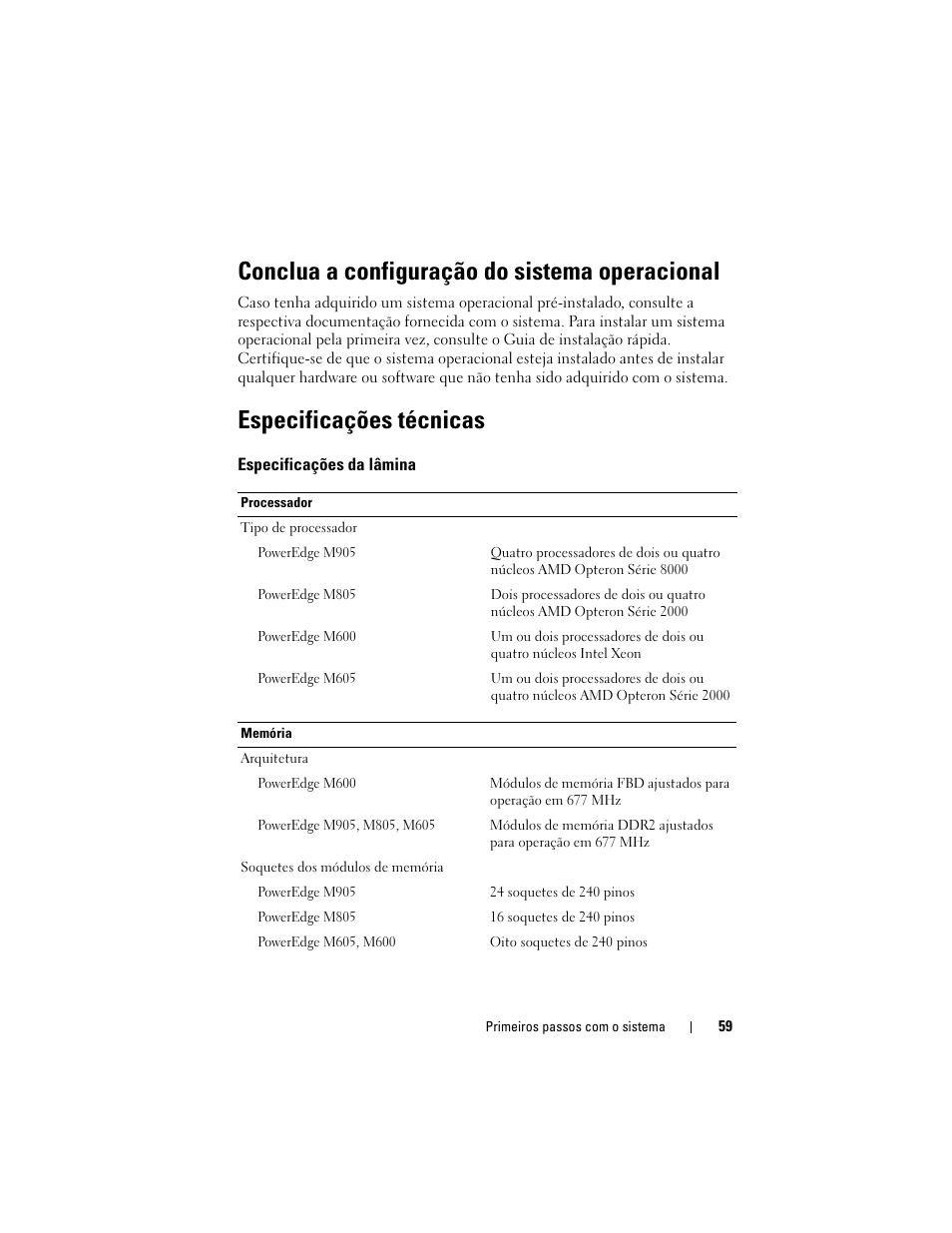 Conclua a configuração do sistema operacional, Especificações técnicas | Dell POWEREDGE M905 User Manual | Page 61 / 90