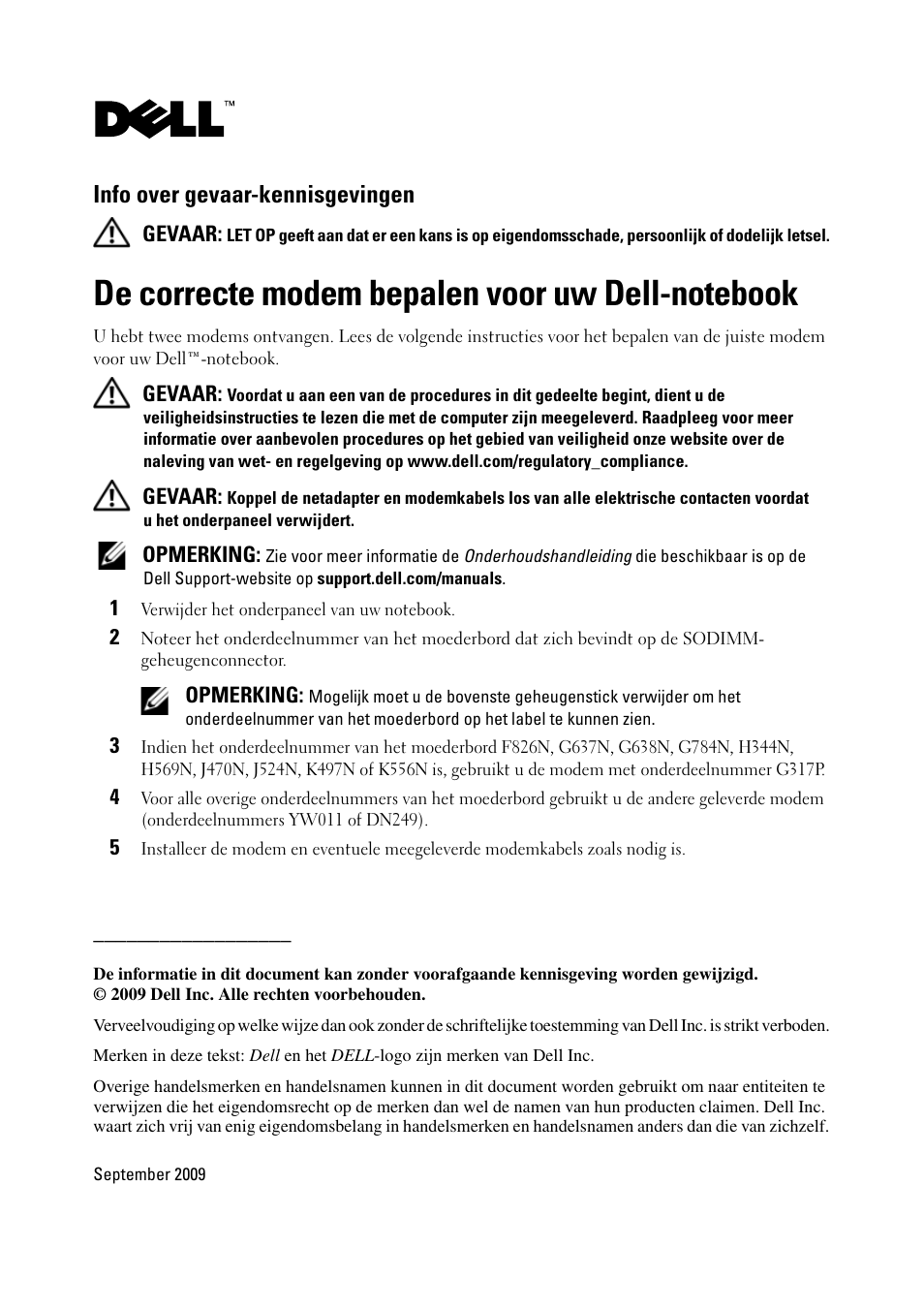 De correcte modem bepalen voor uw dell-notebook, Info over gevaar-kennisgevingen | Dell Latitude E6500 (Mid 2008) User Manual | Page 2 / 6