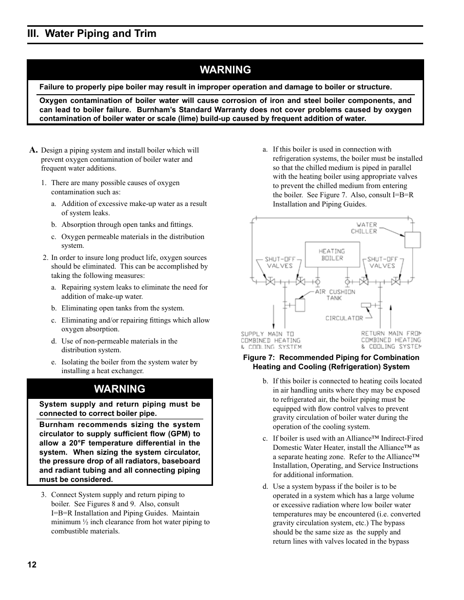 Iii. water piping and trim, Warning | Burnham RSA User Manual | Page 12 / 52