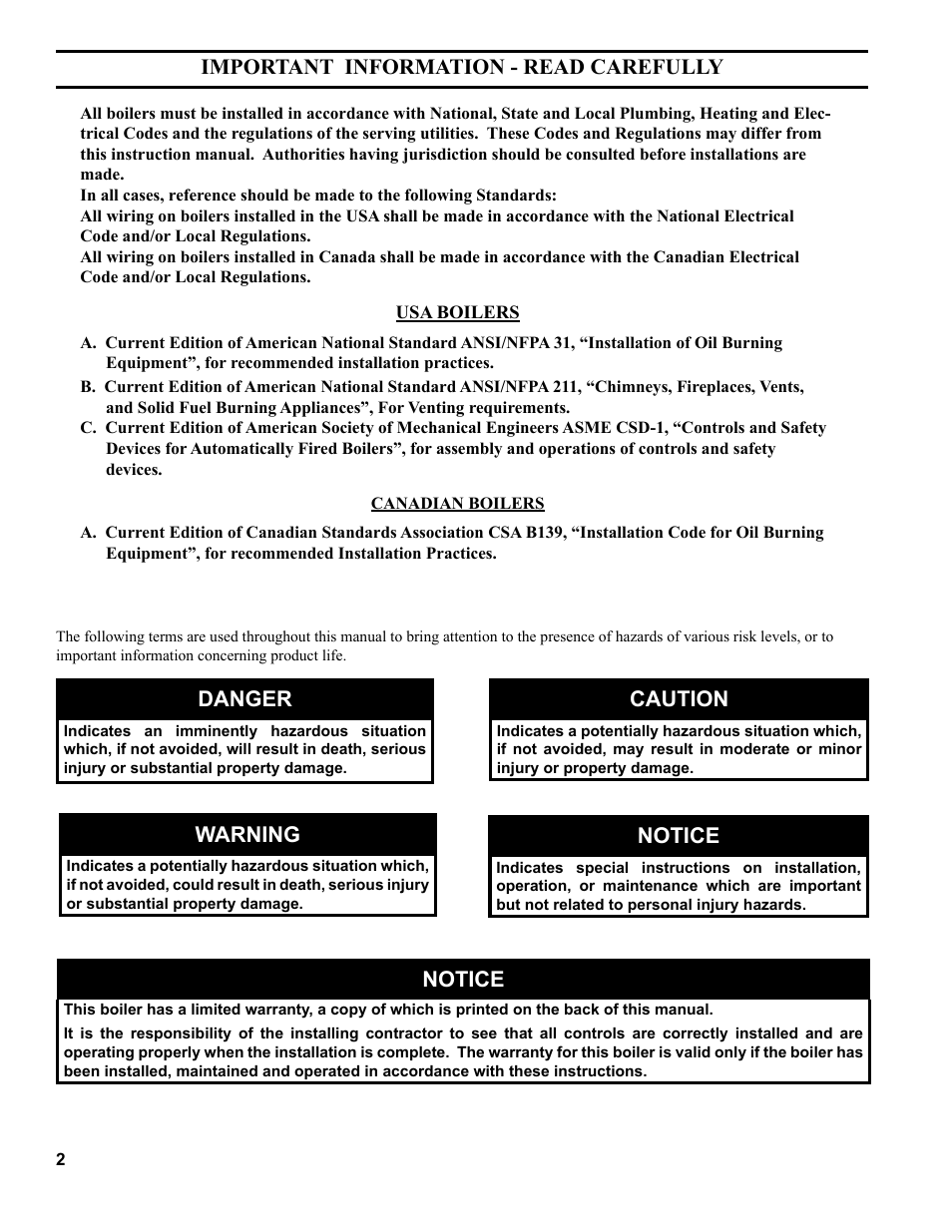 Important information - read carefully danger, Caution, Notice | Warning | Burnham RSA User Manual | Page 2 / 52