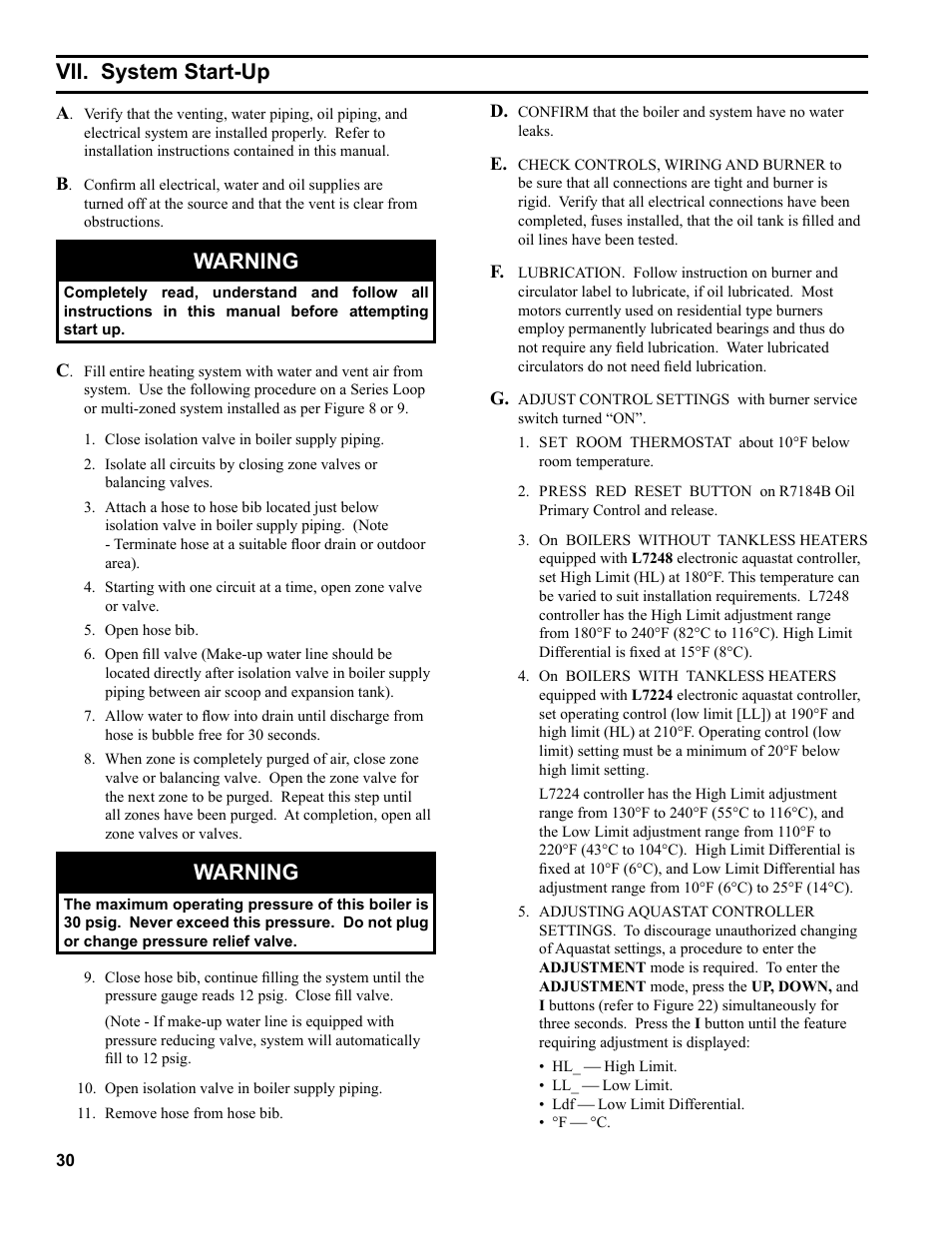 Vii. system start-up, Warning | Burnham RSA User Manual | Page 30 / 52