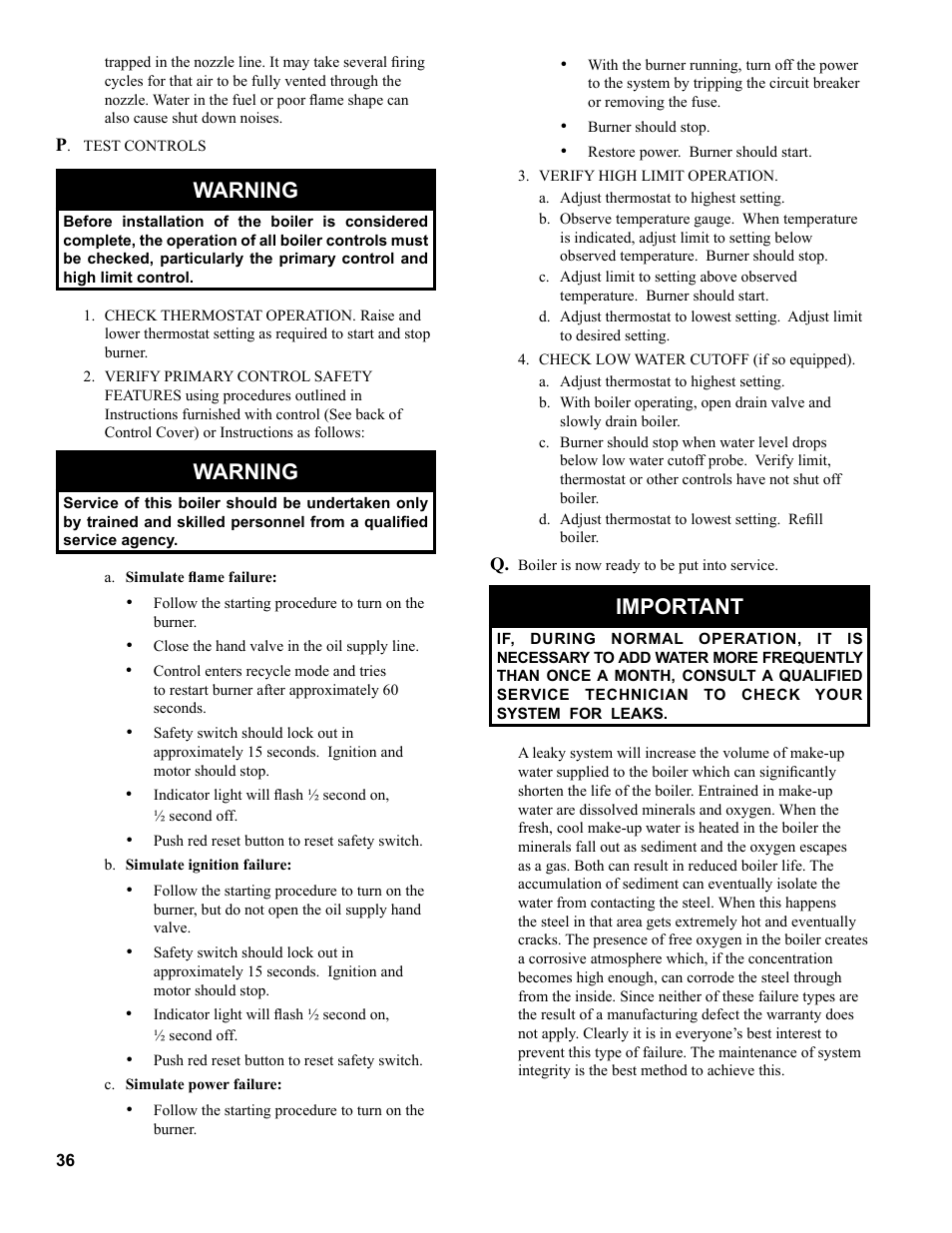 Warning, Important | Burnham RSA User Manual | Page 36 / 52